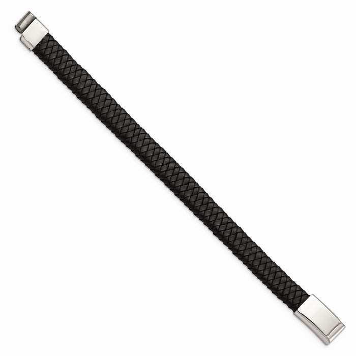 Chisel Brand Jewelry, Stainless Steel Polished Black Woven Leather Men's Bracelet