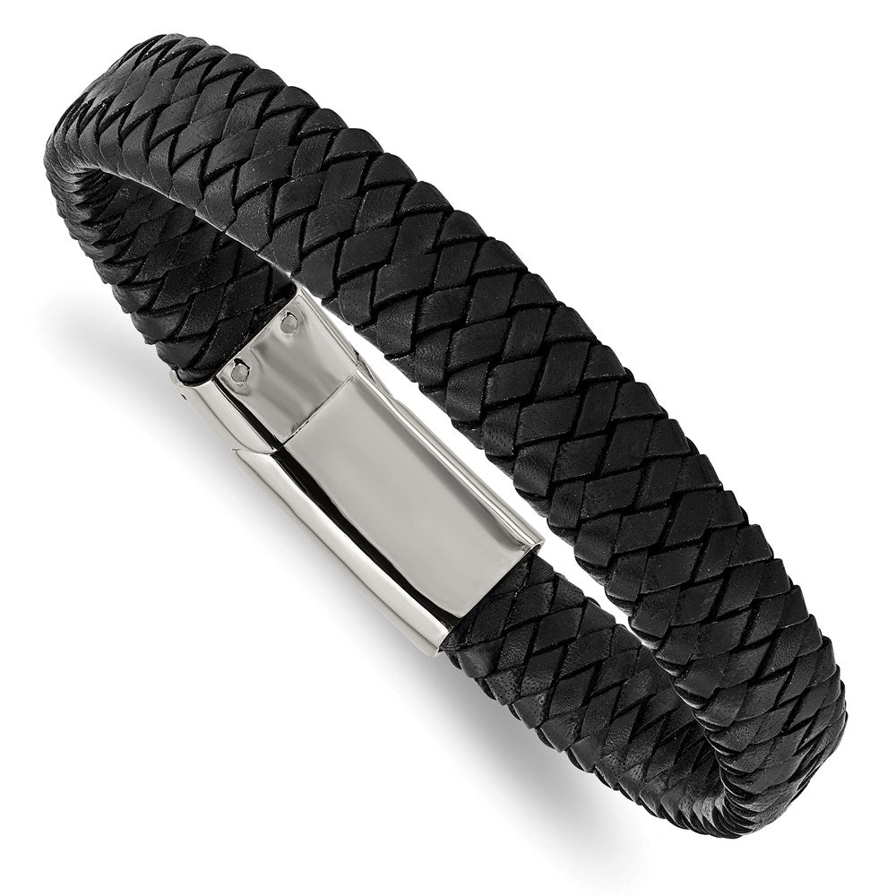 Chisel Brand Jewelry, Stainless Steel Polished Black Woven Leather Men's Bracelet