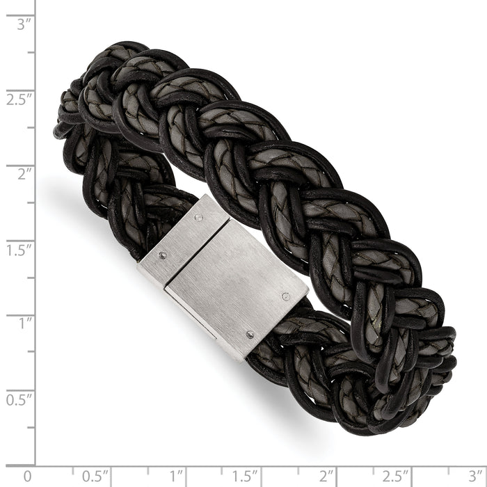 Chisel Brand Jewelry, Stainless Steel Brushed Black and Grey Woven Leather Men's Bracelet