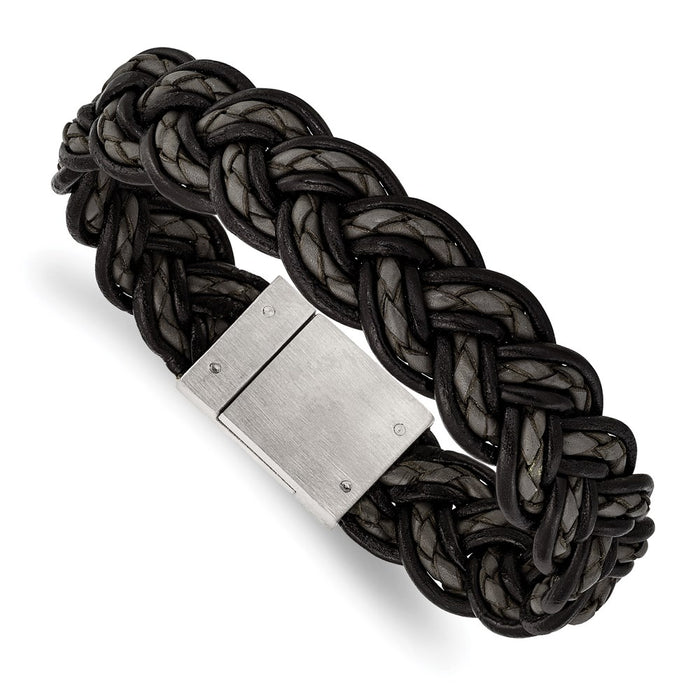 Chisel Brand Jewelry, Stainless Steel Brushed Black and Grey Woven Leather Men's Bracelet