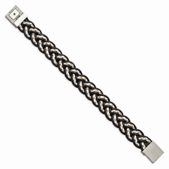 Chisel Brand Jewelry, Stainless Steel Brushed Black and Cream Woven Leather Men's Bracelet