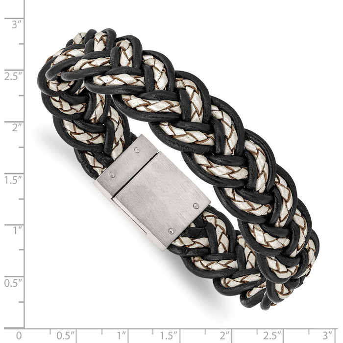 Chisel Brand Jewelry, Stainless Steel Brushed Black and Cream Woven Leather Men's Bracelet