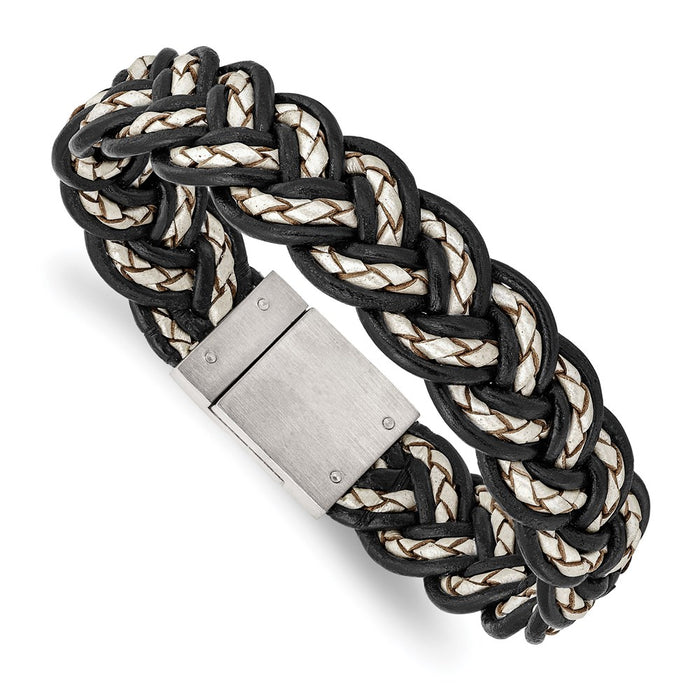 Chisel Brand Jewelry, Stainless Steel Brushed Black and Cream Woven Leather Men's Bracelet