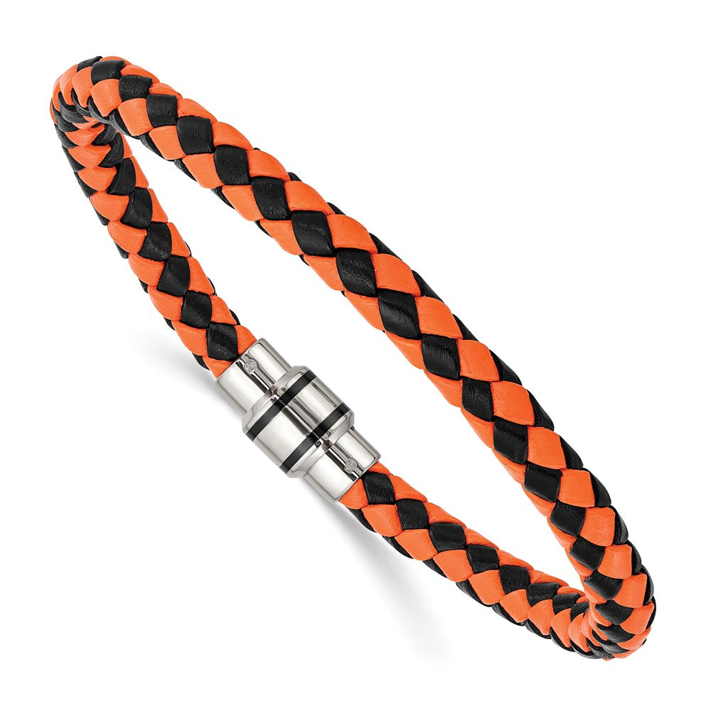 Chisel Brand Jewelry, Stainless Steel Polished Black IP Black/Orange Woven Leather Men's Bracelet