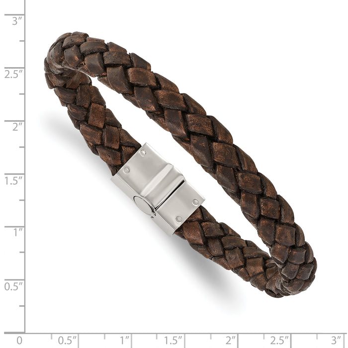 Chisel Brand Jewelry, Stainless Steel Polished Brown Woven Leather Men's Bracelet