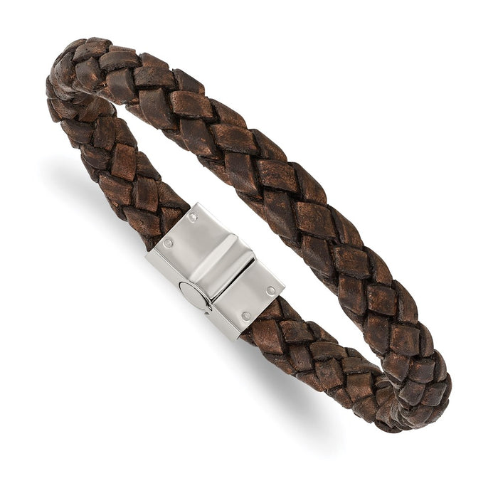 Chisel Brand Jewelry, Stainless Steel Polished Brown Woven Leather Men's Bracelet