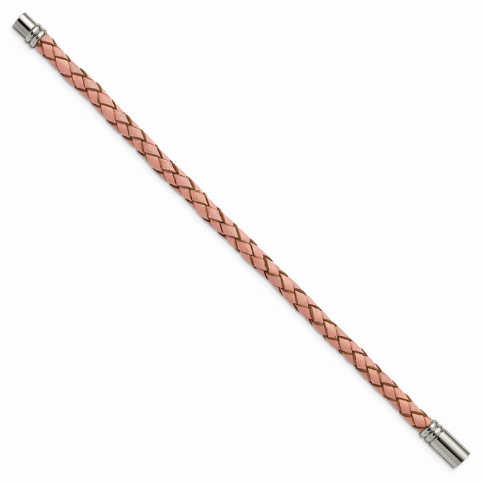 Chisel Brand Jewelry, Stainless Steel Polished Pink Woven Leather Bracelet