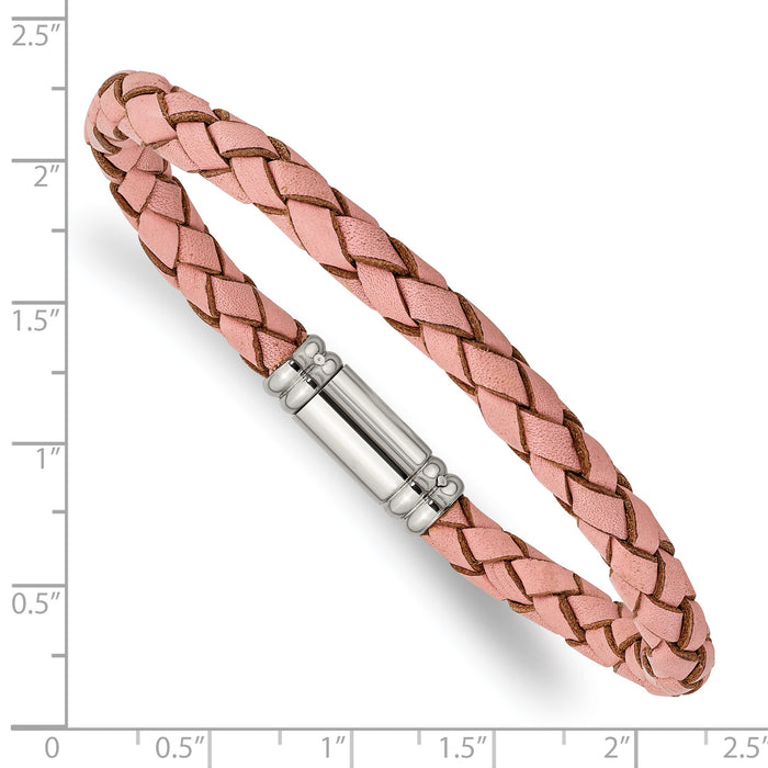 Chisel Brand Jewelry, Stainless Steel Polished Pink Woven Leather Bracelet