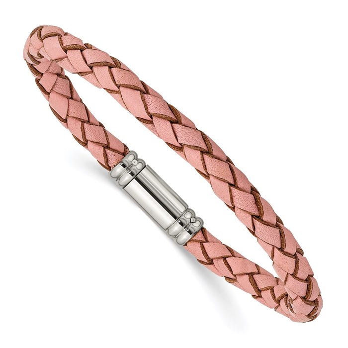 Chisel Brand Jewelry, Stainless Steel Polished Pink Woven Leather Bracelet