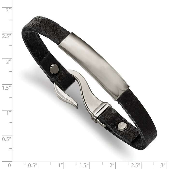 Chisel Brand Jewelry, Stainless Steel Polished ID and Black Leather Bracelet