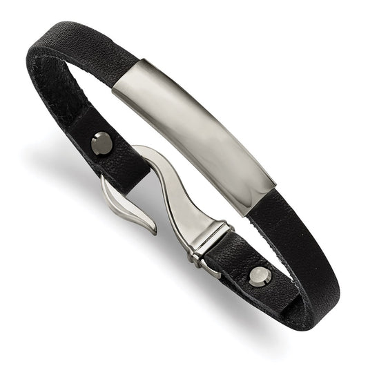 Chisel Brand Jewelry, Stainless Steel Polished ID and Black Leather Bracelet