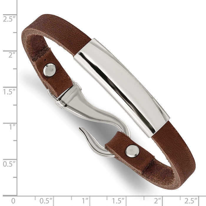 Chisel Brand Jewelry, Stainless Steel Polished ID Brown Leather Bracelet
