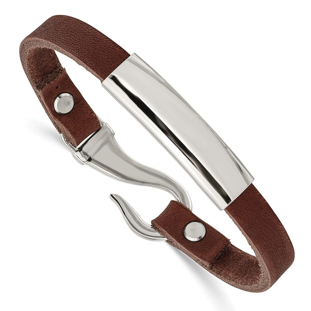 Chisel Brand Jewelry, Stainless Steel Polished ID Brown Leather Bracelet