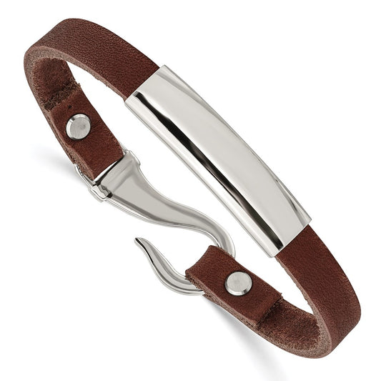 Chisel Brand Jewelry, Stainless Steel Polished ID Brown Leather Bracelet