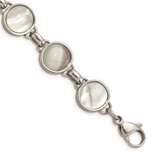 Chisel Brand Jewelry, Stainless Steel Polished Cat's Eye and Mother of Pearl Bracelet