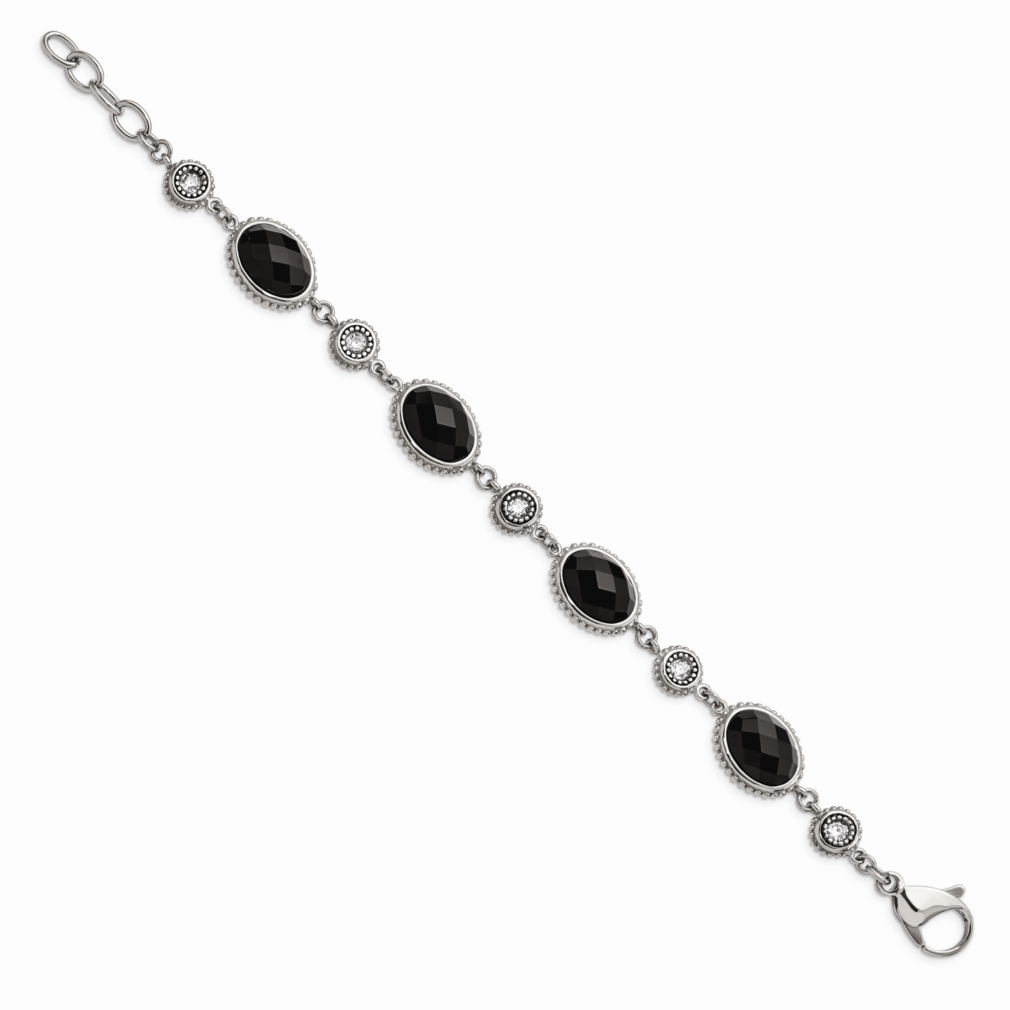 Chisel Brand Jewelry, Stainless Steel Polished Black Onyx/CZ with .75in ext. Bracelet