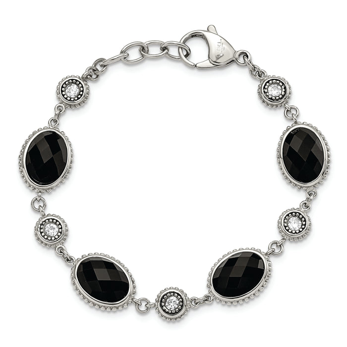 Chisel Brand Jewelry, Stainless Steel Polished Black Onyx/CZ with .75in ext. Bracelet