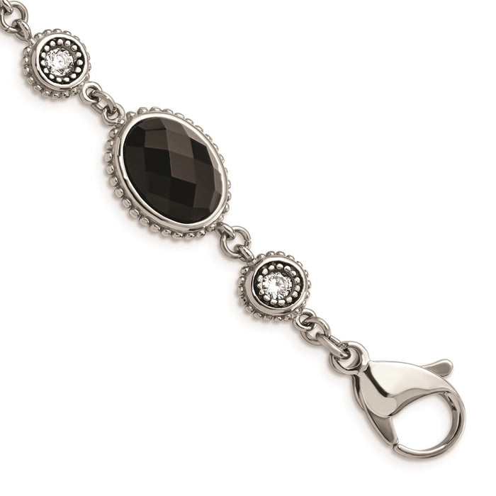 Chisel Brand Jewelry, Stainless Steel Polished Black Onyx/CZ with .75in ext. Bracelet
