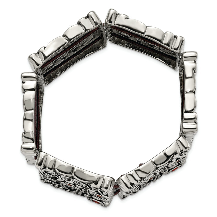 Chisel Brand Jewelry, Stainless Steel Polished/Antiqued Red CZ Stretch Bracelet