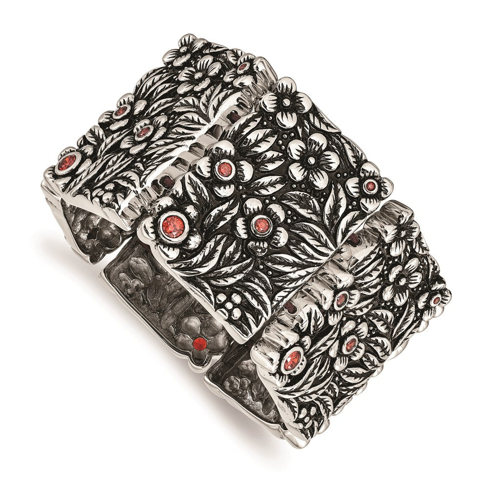 Chisel Brand Jewelry, Stainless Steel Polished/Antiqued Red CZ Stretch Bracelet
