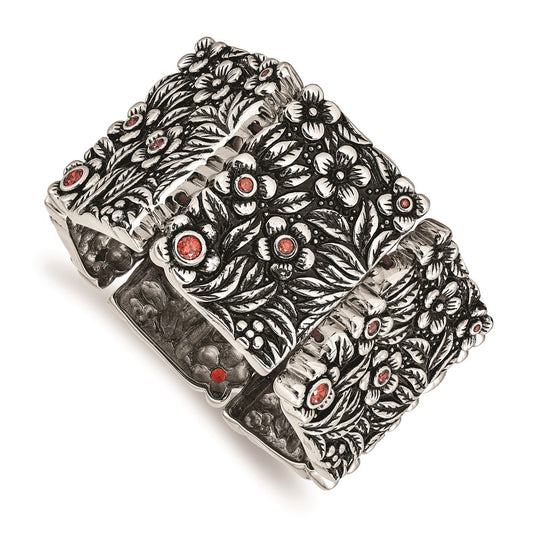 Chisel Brand Jewelry, Stainless Steel Polished/Antiqued Red CZ Stretch Bracelet
