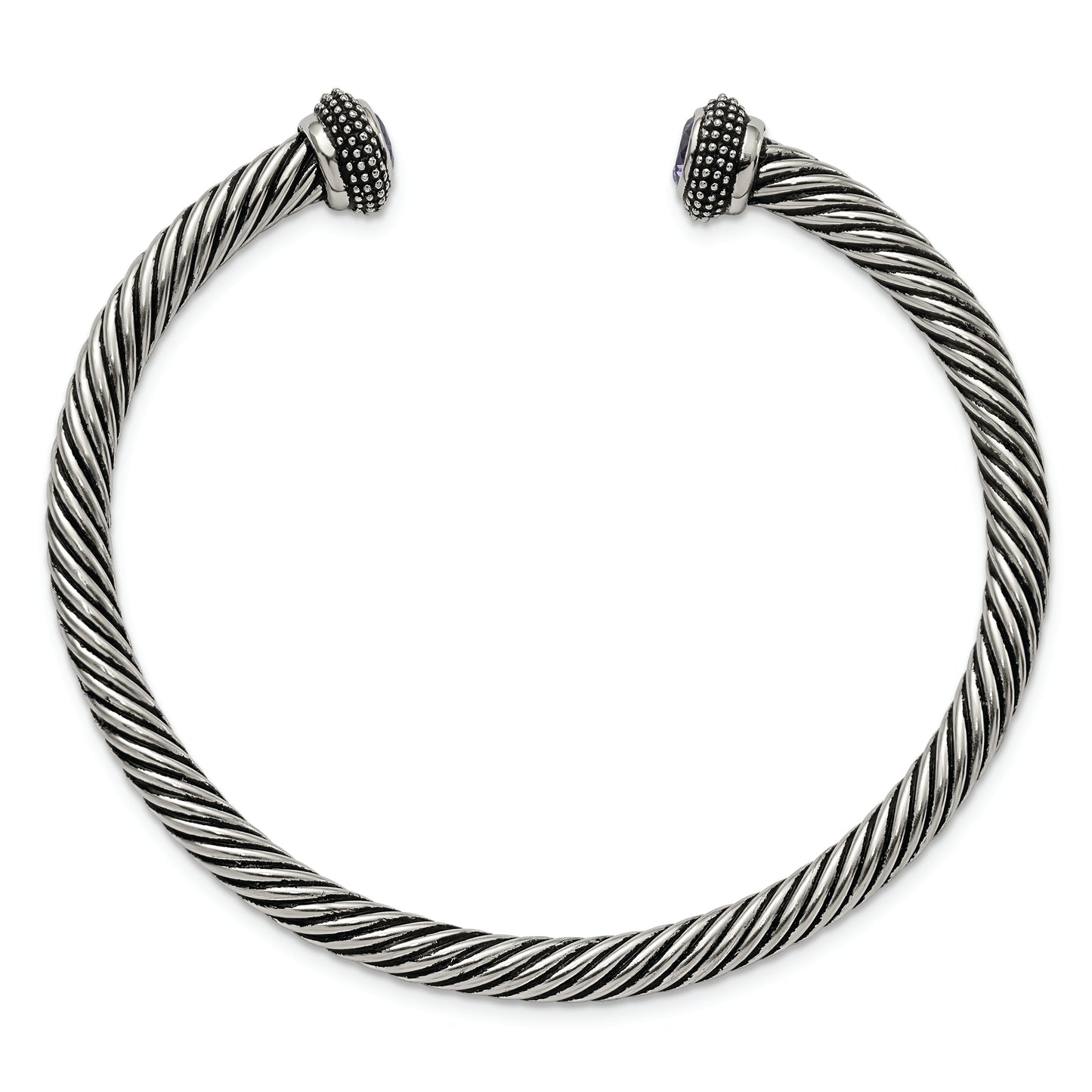 Chisel Brand Jewelry, Stainless Steel Polished/Antiqued Purple CZ Twisted Bracelet