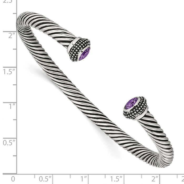 Chisel Brand Jewelry, Stainless Steel Polished/Antiqued Purple CZ Twisted Bracelet