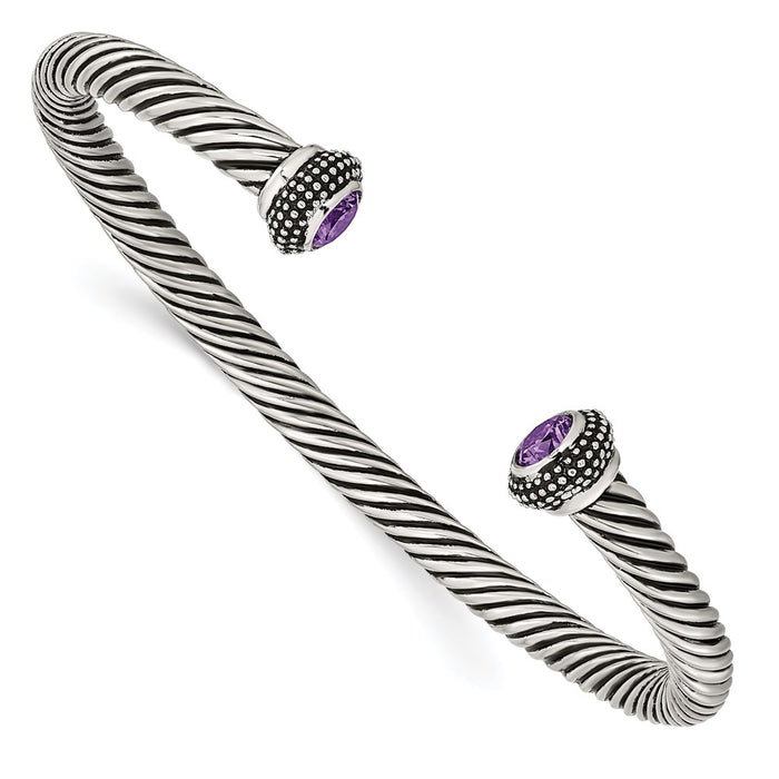 Chisel Brand Jewelry, Stainless Steel Polished/Antiqued Purple CZ Twisted Bracelet