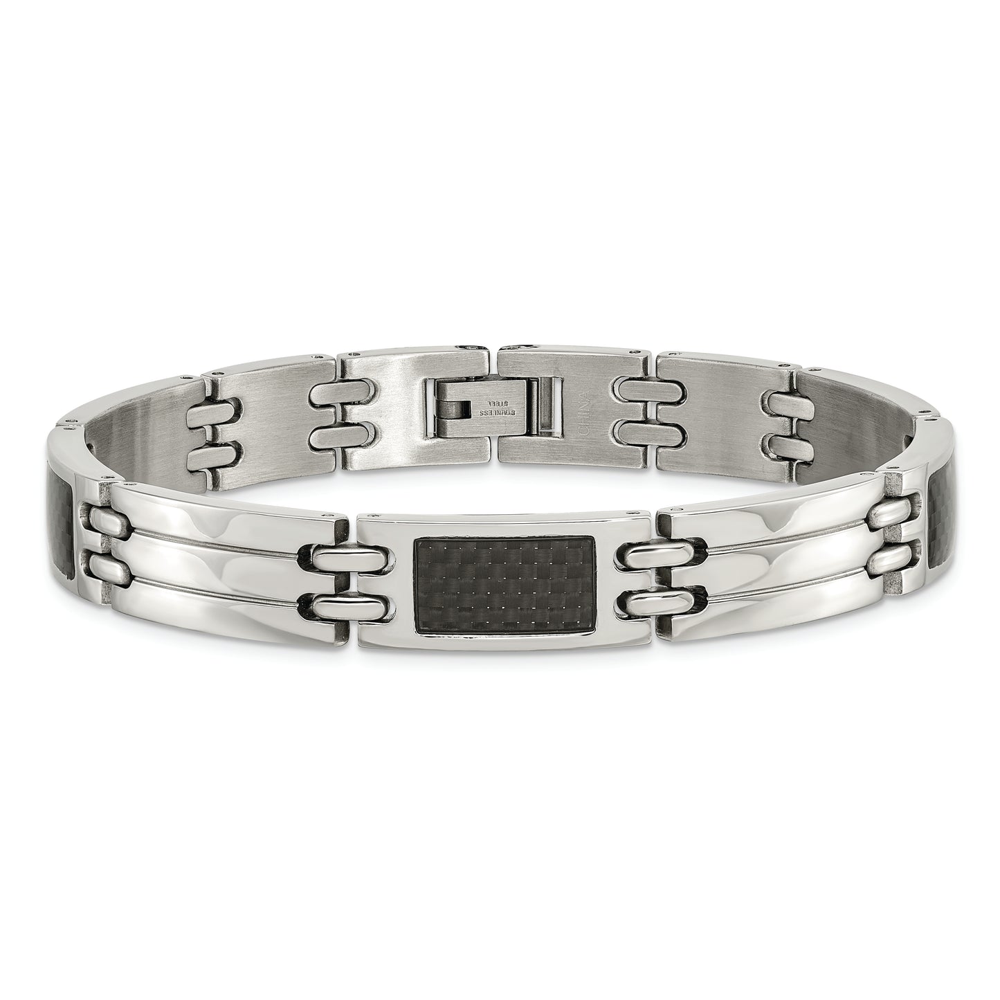 Chisel Brand Jewelry, Stainless Steel Brushed & Polished Black Carbon Fiber Inlay 8.5in Men's Bracelet