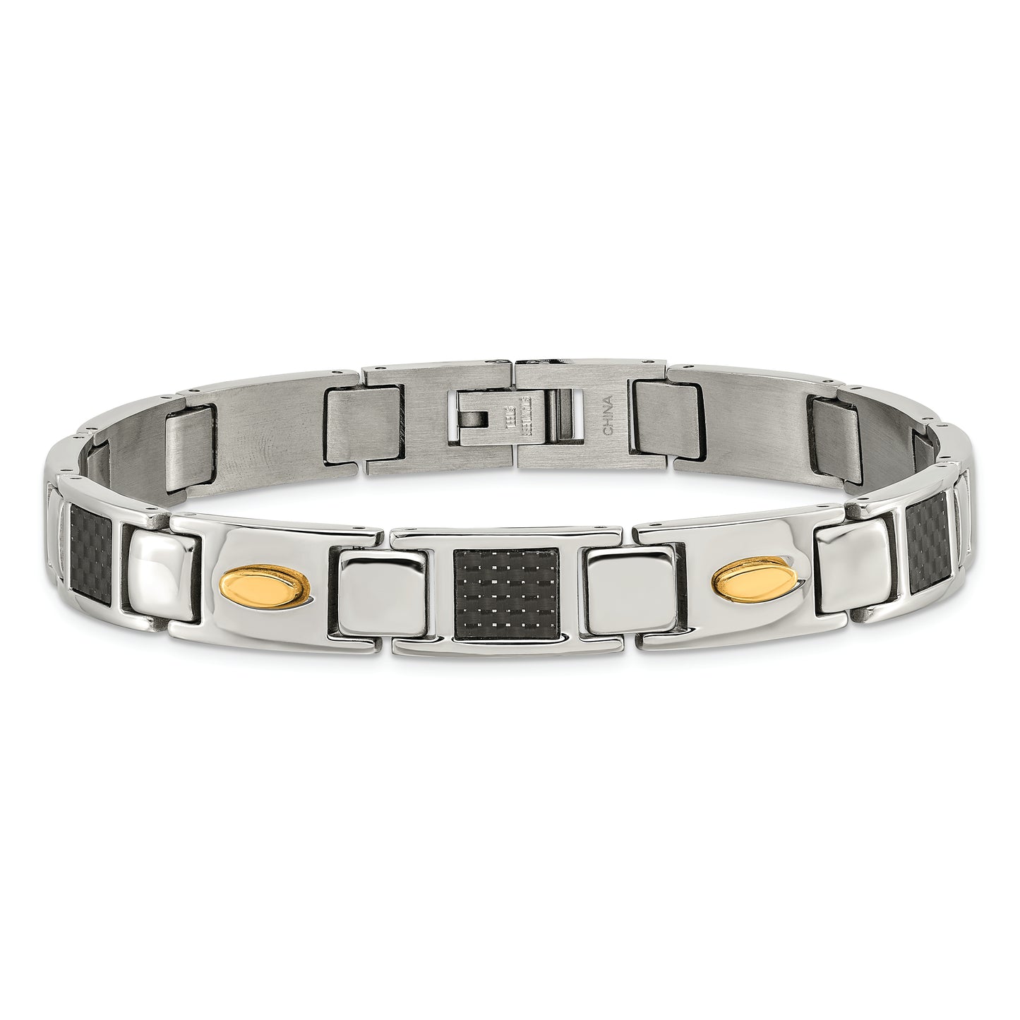 Chisel Brand Jewelry, Stainless Steel Polished Black Carbon Fiber Inlay & Yellow IP Men's Bracelet
