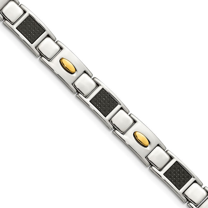Chisel Brand Jewelry, Stainless Steel Polished Black Carbon Fiber Inlay & Yellow IP Men's Bracelet