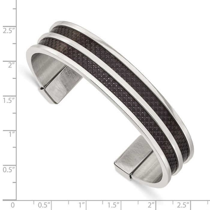Chisel Brand Jewelry, Stainless Steel Polished Black Carbon Fiber Inlay Cuff Bangle