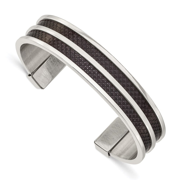 Chisel Brand Jewelry, Stainless Steel Polished Black Carbon Fiber Inlay Cuff Bangle