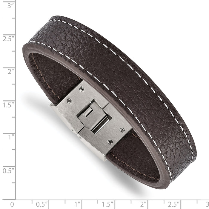 Chisel Brand Jewelry, Stainless Steel Polished Brown Leather Men's Bracelet