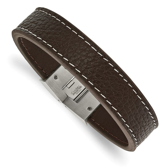 Chisel Brand Jewelry, Stainless Steel Polished Brown Leather Men's Bracelet