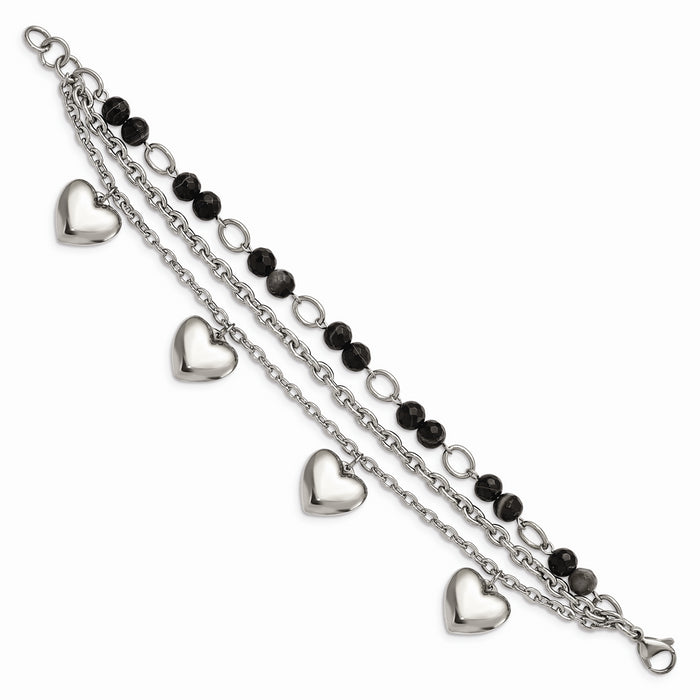 Chisel Brand Jewelry, Stainless Steel Polished with Black & White Agate with Hearts Bracelet