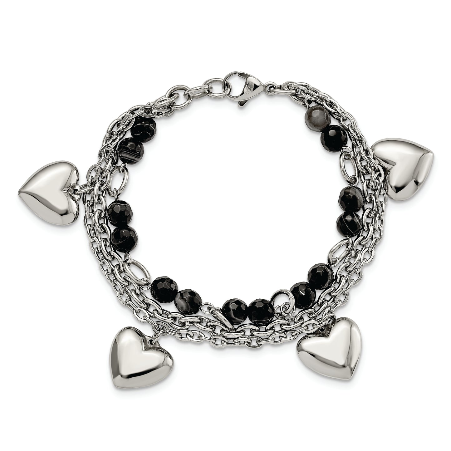 Chisel Brand Jewelry, Stainless Steel Polished with Black & White Agate with Hearts Bracelet