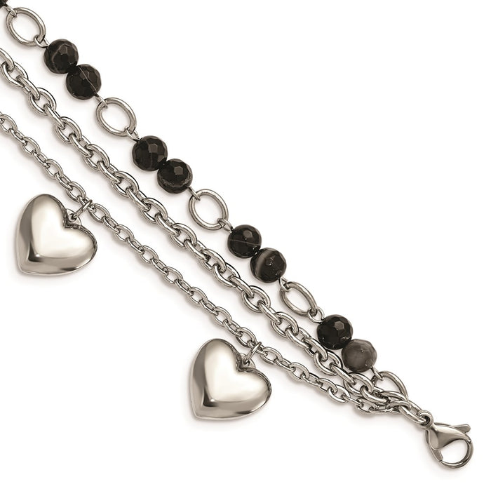 Chisel Brand Jewelry, Stainless Steel Polished with Black & White Agate with Hearts Bracelet