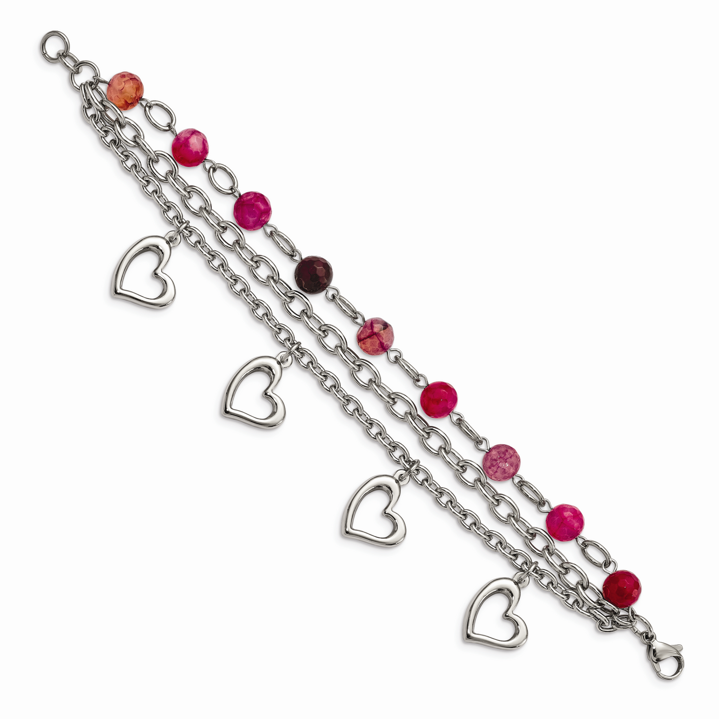 Chisel Brand Jewelry, Stainless Steel Pink Agate with Hearts Bracelet