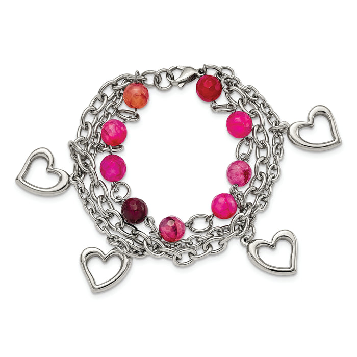 Chisel Brand Jewelry, Stainless Steel Pink Agate with Hearts Bracelet