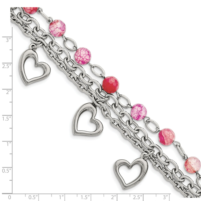 Chisel Brand Jewelry, Stainless Steel Pink Agate with Hearts Bracelet