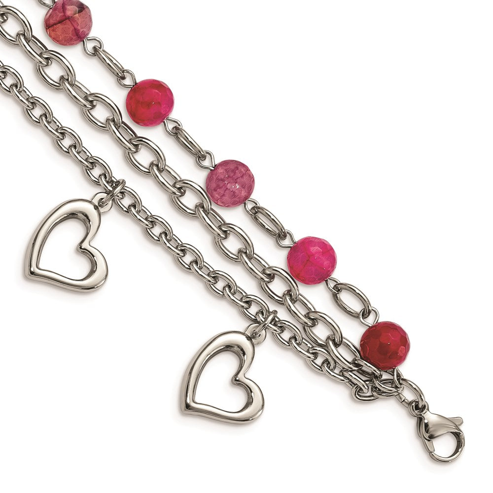 Chisel Brand Jewelry, Stainless Steel Pink Agate with Hearts Bracelet