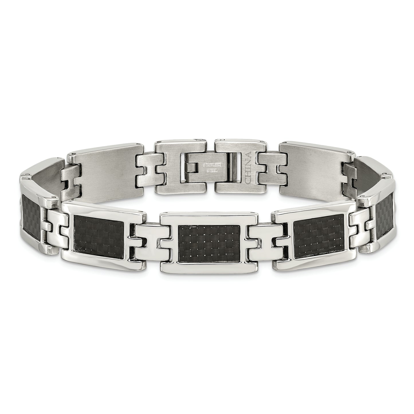 Chisel Brand Jewelry, Stainless Steel Polished Black Carbon Fiber Inlay 9in Men's Bracelet