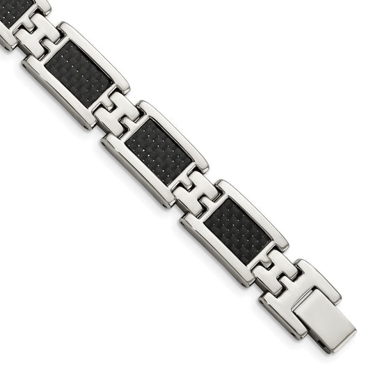 Chisel Brand Jewelry, Stainless Steel Polished Black Carbon Fiber Inlay 9in Men's Bracelet