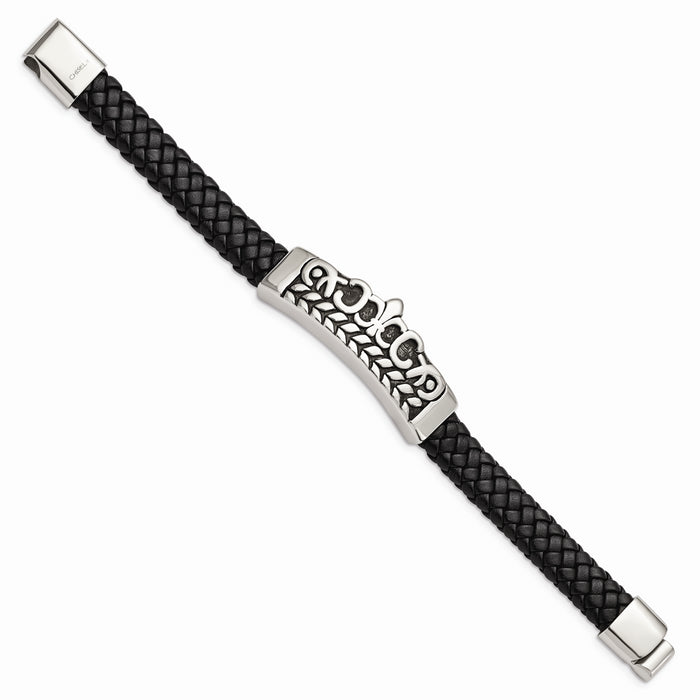 Chisel Brand Jewelry, Stainless Steel Antiqued Fleur de Lis Black Leather Men's Bracelet