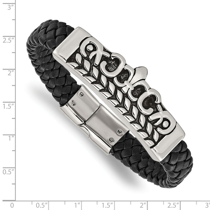 Chisel Brand Jewelry, Stainless Steel Antiqued Fleur de Lis Black Leather Men's Bracelet