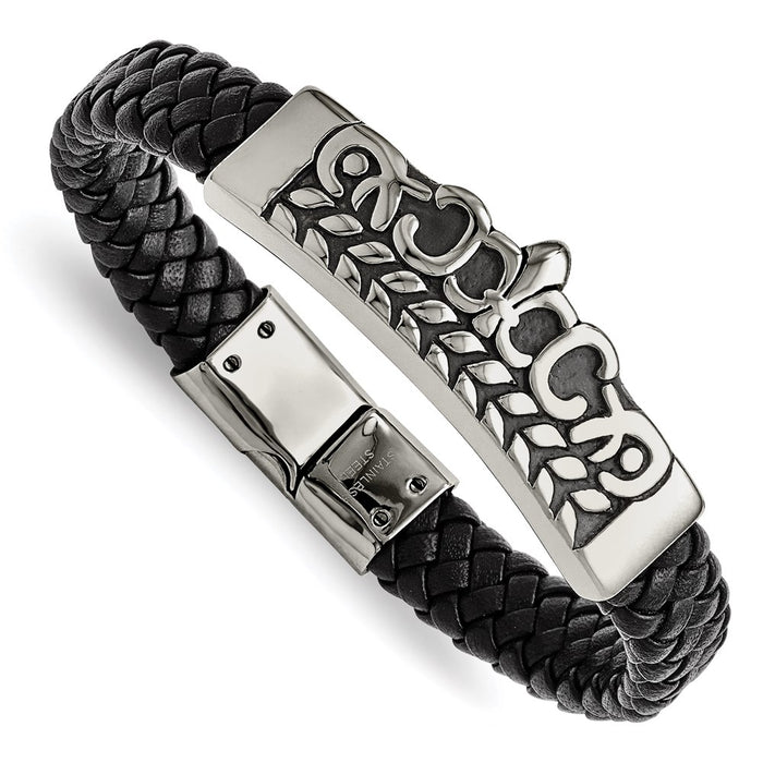 Chisel Brand Jewelry, Stainless Steel Antiqued Fleur de Lis Black Leather Men's Bracelet