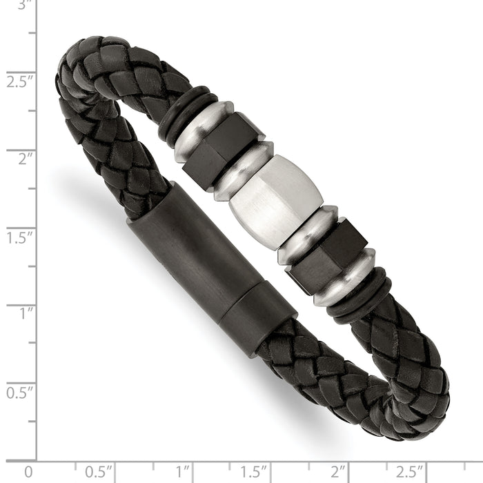 Chisel Brand Jewelry, Stainless Steel Brushed Leather Black IP-plated & Rubber Men's Bracelet