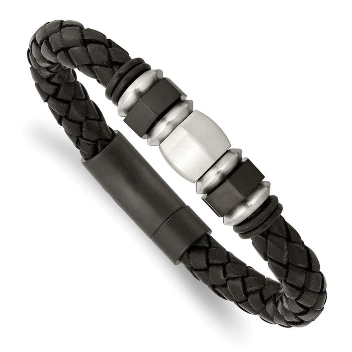 Chisel Brand Jewelry, Stainless Steel Brushed Leather Black IP-plated & Rubber Men's Bracelet