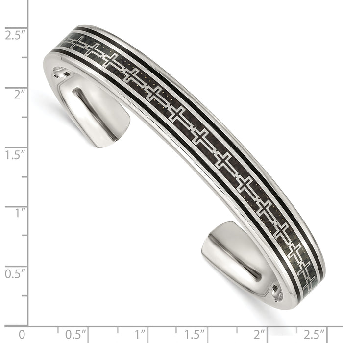Chisel Brand Jewelry, Stainless steel Polished Carbon Fiber Inlay/Black IP-plated Cross Bangle